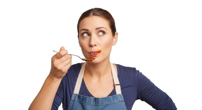 Woman in apron tasting food from a spoon, looking thoughtful isolated on transparent background - Powered by Adobe