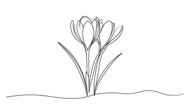 A simple line drawing depicts two crocuses blooming. Their petals arch gracefully, and the foliage appears linear. A minimalist aesthetic