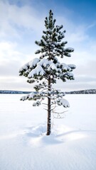Obraz premium Solitary pine tree in snowy landscape
