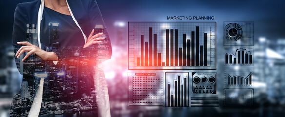 A confident businesswoman stands against a city backdrop, surrounded by digital marketing planning charts and graphs. Ideal for corporate themes. Impute