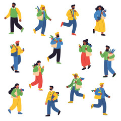 A diverse collection of modern flat vector illustrations of people walking running and carrying bags.