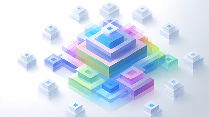Abstract 3D Composition of Stacked, Layered Cubes and Geometric Forms with Colorful Gradients