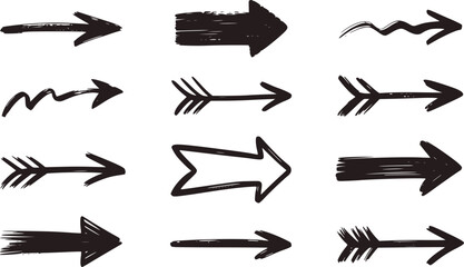 Hand drawn dark grey arrows pointing right and in wavy directions vector