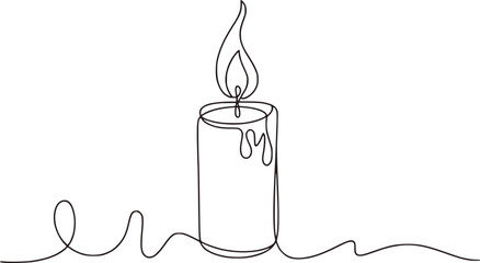 Single line drawing of a burning candle with dripping wax flame