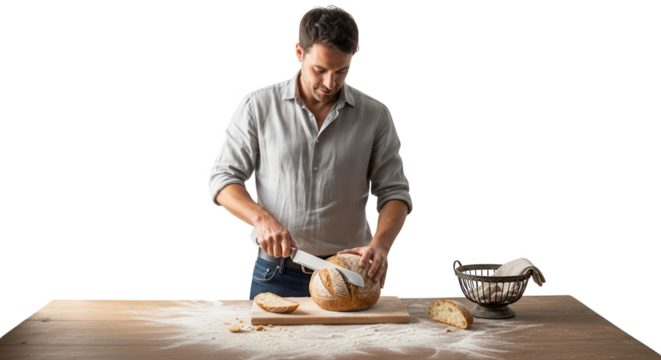 Man slicing freshly baked artisan bread on a wooden table dusted with flour, isolated on transparent background