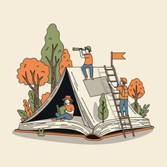 Obraz premium A whimsical illustration of tiny explorers camping and reading in a giant open book transformed into a tent.