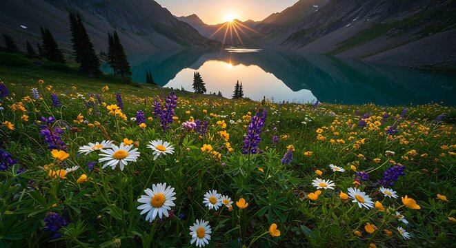 Scenic mountain lake with wildflowers under a vibrant sunrise - Powered by Adobe
