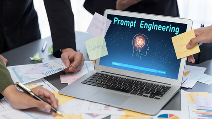 Analyst team use sticky note for creative and analytic brainstorm for business idea with BI data dashboard on laptop screen. Analysis financial data visualization tech for marketing strategy. Prodigy