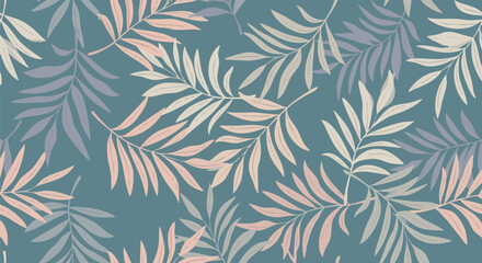 Seamless tropical pattern featuring stylized palm or fern leaves in soft pastel colors against a deep teal background