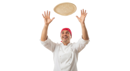Chef tossing pizza dough in the air isolated on transparent background