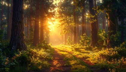 Golden sunlight streams through a forest path