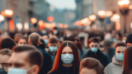 Crowd of People Wearing Masks in a Busy Urban Street During Evening Hours