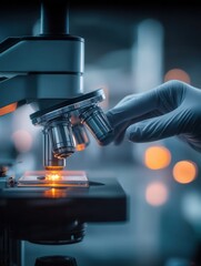 Microscope Analysis in Laboratory at Night With Glowing Specimens