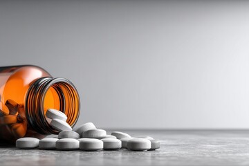 Pills Scattered Next to an Open Amber Bottle on a Gray Surface