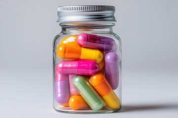 Colorful Capsules Stored in a Glass Jar on a Plain Background