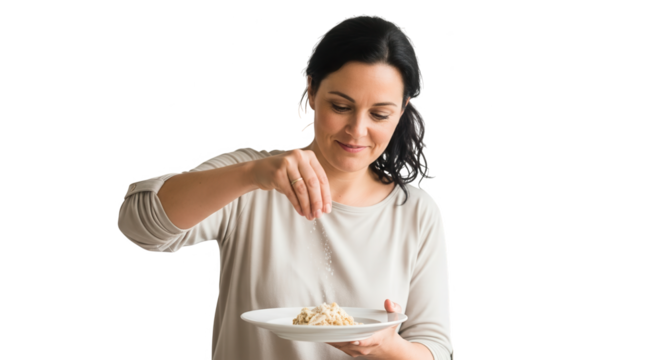 Woman sprinkling seasoning on food on a plate isolated on transparent background - Powered by Adobe