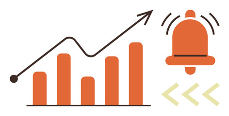 Bar chart with upward trend line next to vibrating notification bell, symbolizing business growth, alerts, data monitoring, or performance updates. Ideal for analytics, alerts, performance, progress