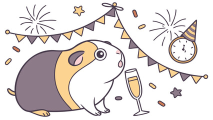 An adorable Guinea pig with a Surprised vibe, wrapped in fairy lights, and a New Beginnings New Year's Eve/Day theme – SVG style
