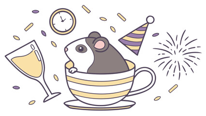 An adorable Guinea pig with a Funny vibe, sitting in a teacup ride, and a New Beginnings New Year's Eve/Day theme – SVG style