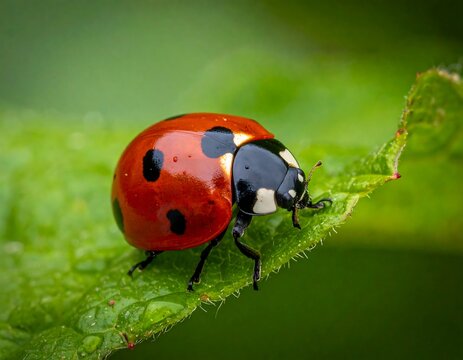 Ladybug on a dewy leaf. Close-up macro shot