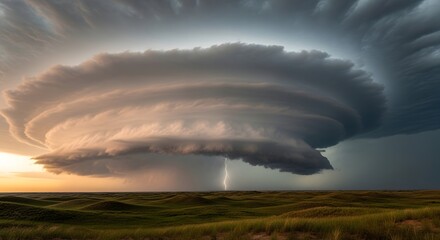The Mighty Storm: A dramatic, wide-angle shot captures the raw power and intricate beauty of a supercell thunderstorm, with ominous clouds and a vibrant lightning bolt illuminating the turbulent sky.