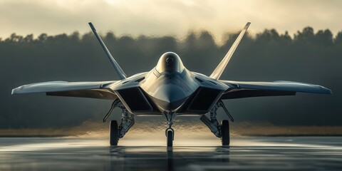F-35 Advanced Fighter Jet Ready for Takeoff at Dawn With Mist on the Runway