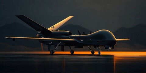 Drone Parked on Runway During Sunset Near Mountain Range
