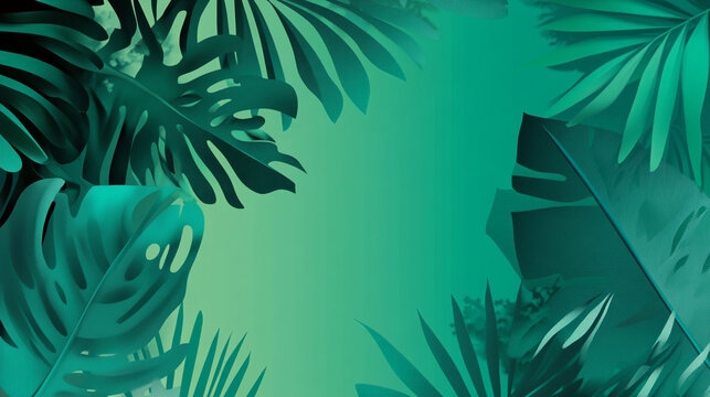 Tropical Leaves Frame on Green Gradient &mdash; Minimal Poster Background for Climate Summit and Eco Branding