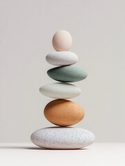 Stacking Colorful Stones and Eggs Creates a Balanced Art Piece in Soft Colors