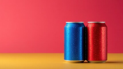 Brightly Colored Cans Stand Together on a Vibrant Yellow and Pink Backdrop