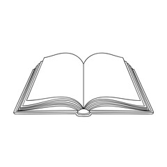 Simple black and white line art illustration of an open book with blank pages.
