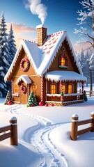 Snowy gingerbread house in winter wonderland