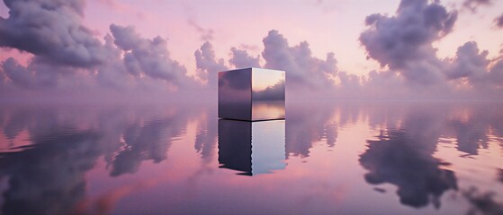 reflective white cube mirror suspended in vast expansive cloudy sky with hexagonal perspective | design, abstract, minimalism, architecture, modern theme
