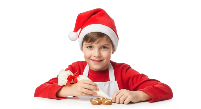 Young boy wearing a santa hat decorating christmas cookies with icing, isolated on transparent background