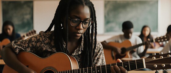 young female teacher demonstrating guitar chords to a group of elementary school students | education, music, teaching, learning, classroom theme