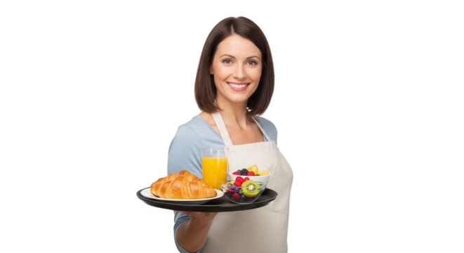Woman serving breakfast with croissant, fruit salad, and orange juice, isolated on transparent background