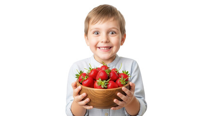 Young boy holding a bowl of strawberries isolated on transparent background