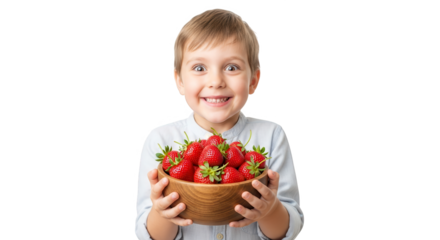 Young boy holding a bowl of strawberries isolated on transparent background