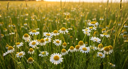 Wildflowers in sunlight close up view of blooming chamomile field