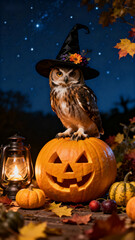 Owl in a Wizard Hat Perches on a Pumpkin with a Background of Stars and Autumn Leaves, Creating a Cozy Halloween Atmosphere.Generated by AI
