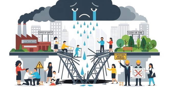 Urban environmental crisis depicting pollution, infrastructure damage, and social unrest due to industrial negligence and ecological imbalance