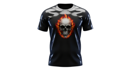 A black t-shirt featuring a fiery skull graphic with glowing eyes and smoke-like accents, representing a bold and edgy design.