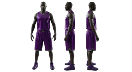 A male basketball player is depicted from three different angles, showcasing his athletic physique and purple uniform, ready for the game.