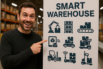 A man pointing at smart warehouse features. 