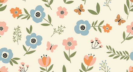 A delightful flat design pattern featuring stylized spring flowers and butterflies on a cream background