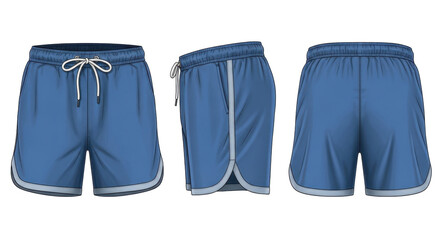 Three views of blue athletic shorts with a drawstring waist and contrasting trim, showcasing front, side, and back perspectives.