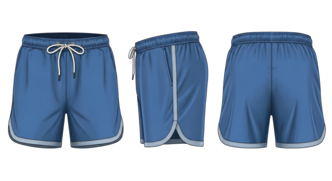 Three views of blue athletic shorts with a drawstring waist and contrasting trim, showcasing front, side, and back perspectives. - Powered by Adobe
