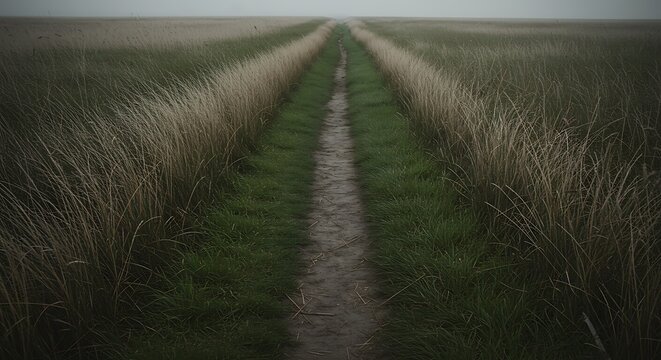 Pathway through grassy field under overcast sky landscape nature scene