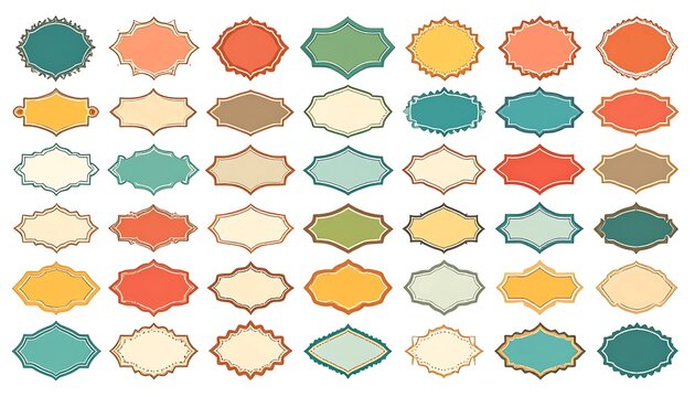 A vibrant collection of ornate, empty label shapes in various pastel and vintage color palettes, creating a visually appealing array