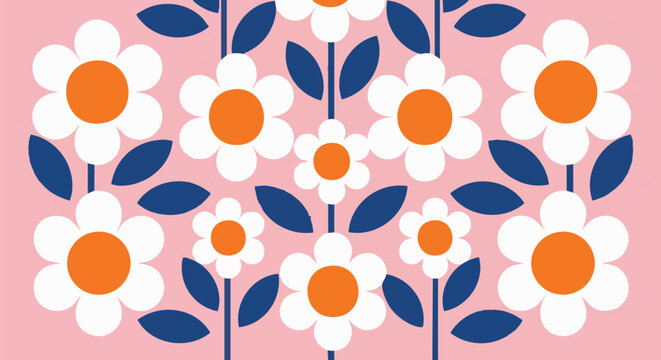Vibrant retro floral pattern featuring stylized white and orange daisy flowers on a bright pink background